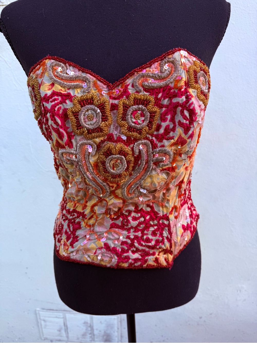Vintage Silk Embellished Strapless Corset Top in Red and Gold